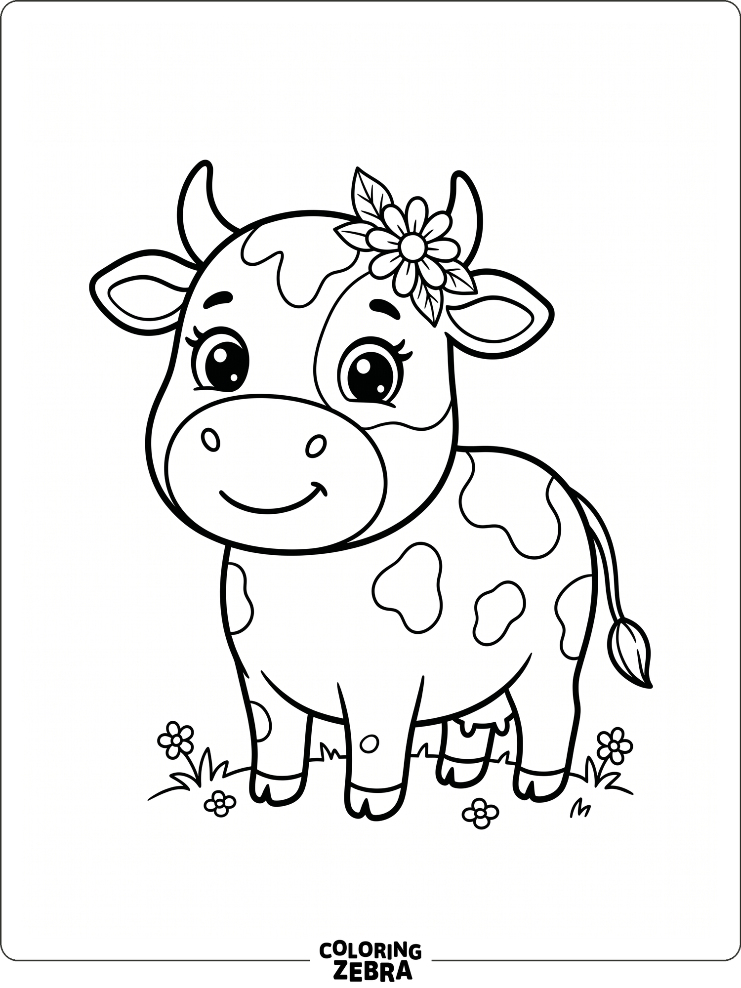 A cute cow with big eyes and a flower on its head sits in a simple pose.