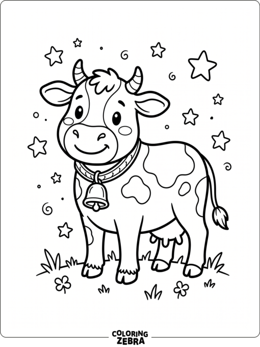 A cute cow with a bell collar and stars