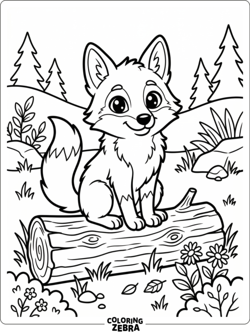 A cute coyote with big eyes sitting on a log