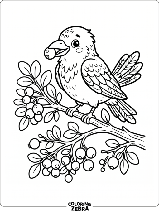 A cute crow holding a berry with simple leaves