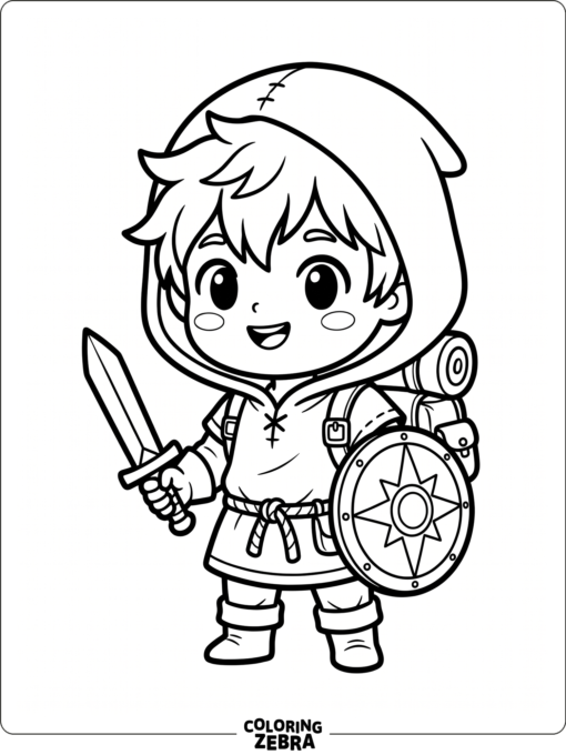 Cute chibi adventurer with sword and shield