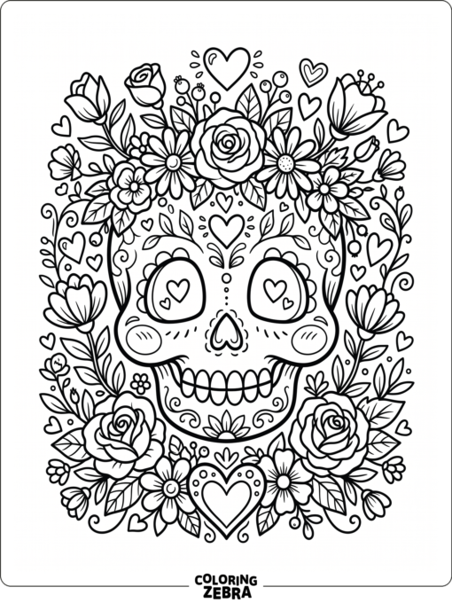 Cute skull with hearts and flower accents