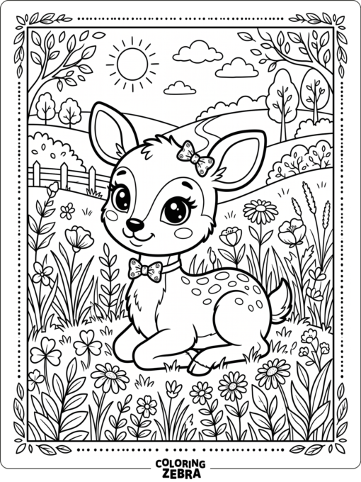 A cute deer with big eyes and a bow