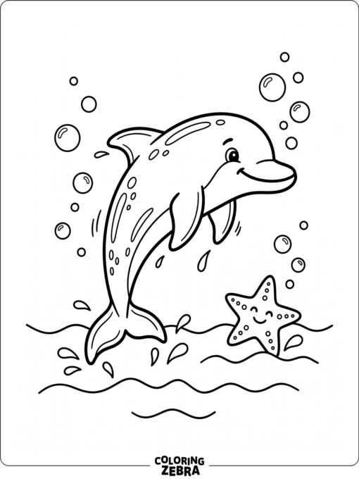 A cute dolphin jumping near a starfish