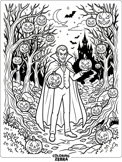 A Halloween Dracula scene with jack o lanterns and bare trees