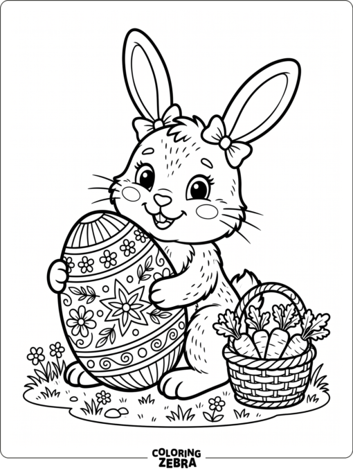 Cute bunny with a painted egg and carrots