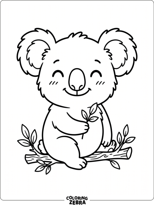 A smiling koala with a leaf sprig