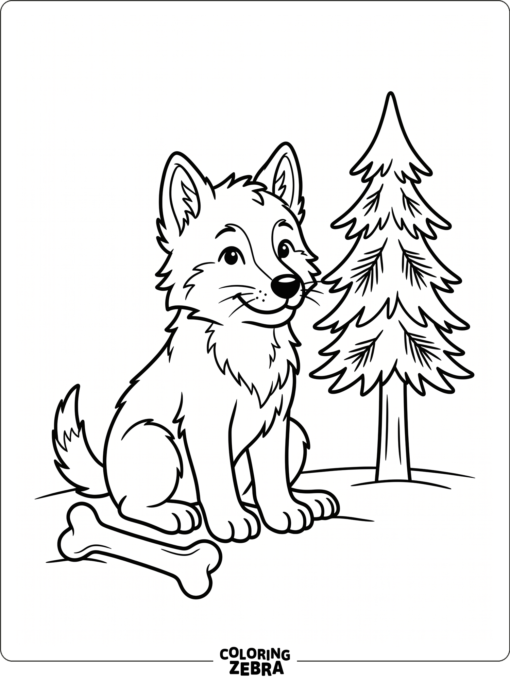 A friendly wolf cub sitting beside a bone