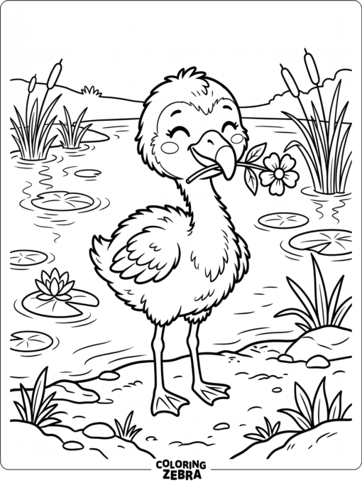 A cute flamingo chick with a flower
