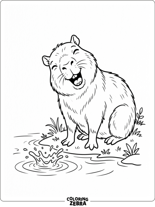 A funny capybara laughing beside a small splash