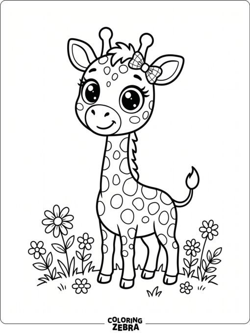 A cute giraffe with big eyes beside small flowers