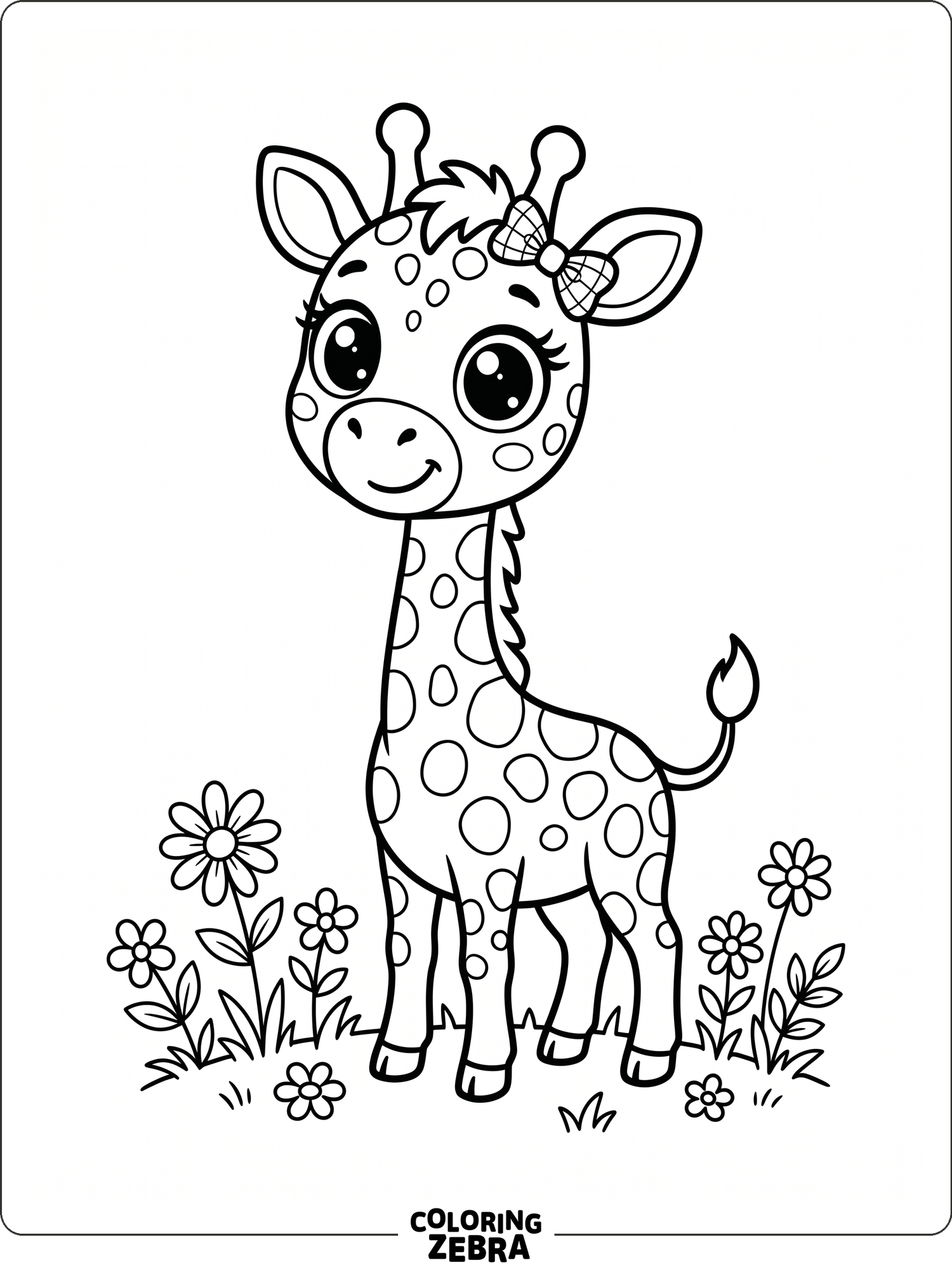A cute giraffe with big eyes beside small flowers