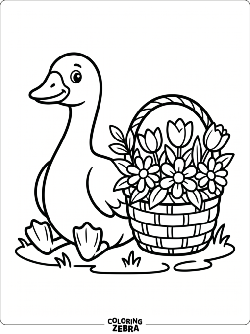 A cute goose sitting near a basket of flowers