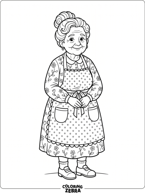 Grandma with a bun hairstyle wears a patterned dress and apron