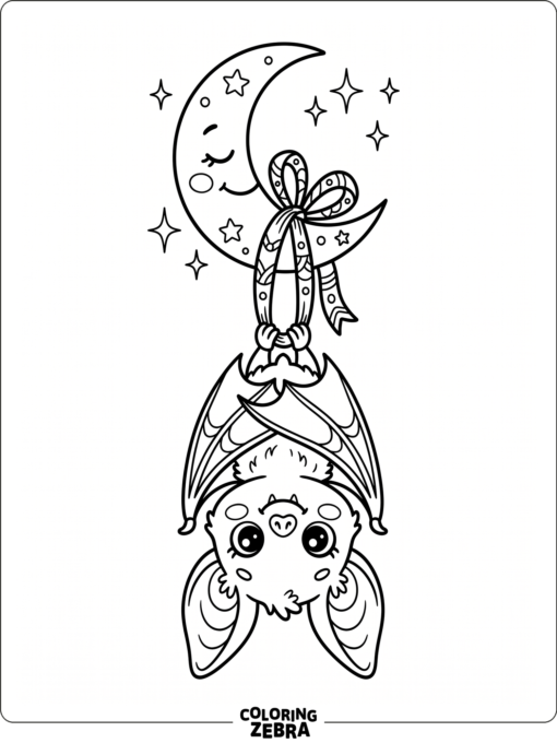 A cute bat with big eyes and a moon