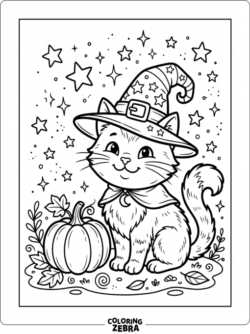 Cute black cat with a witch hat and pumpkin