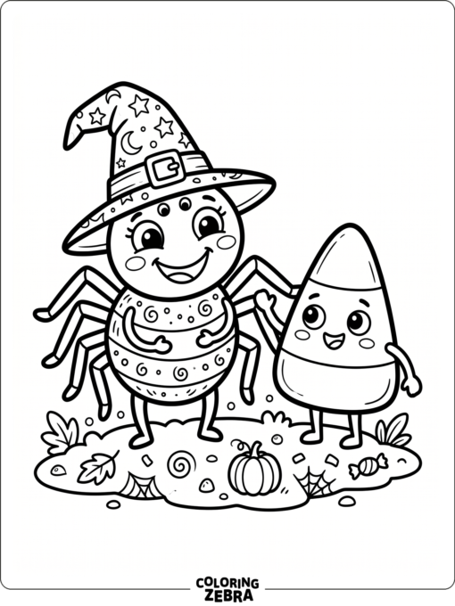 A cute spider in a witch hat beside candy corn