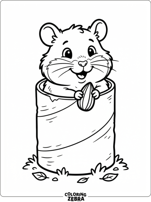 A cute hamster peeks from a tube holding a sunflower seed