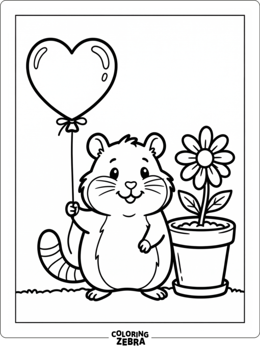A smiling hamster with a heart balloon and flower pot