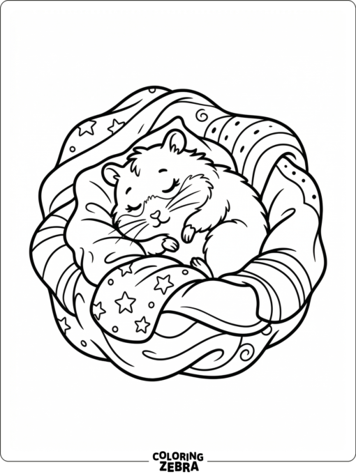 A cute hamster curled up in a blanket nest