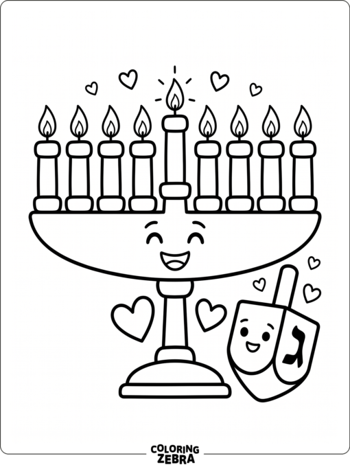 A cute smiling menorah with a dreidel and hearts