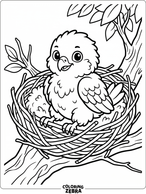 A cute hawk chick sitting in a nest