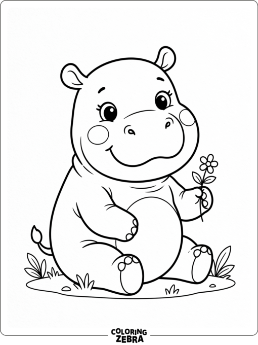 A cute hippo sitting beside a small flower