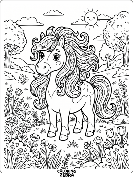 A cute horse with big eyes standing in a meadow
