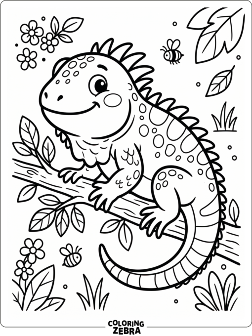 A cute iguana with rounded cheeks and tiny flowers