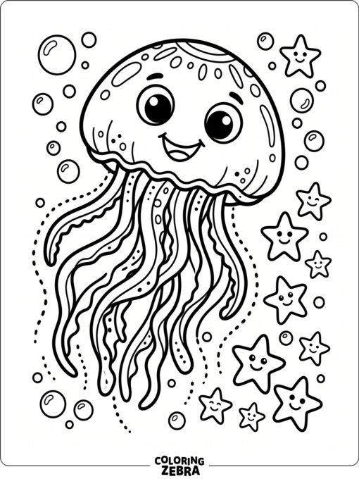 A cute jellyfish with big eyes and floating bubbles