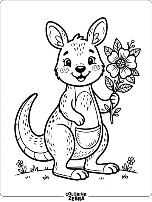 A cute kangaroo holding a flower in a simple scene