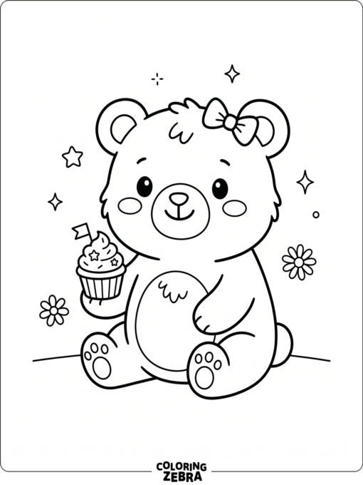 A kawaii bear sits with a bow and a cupcake