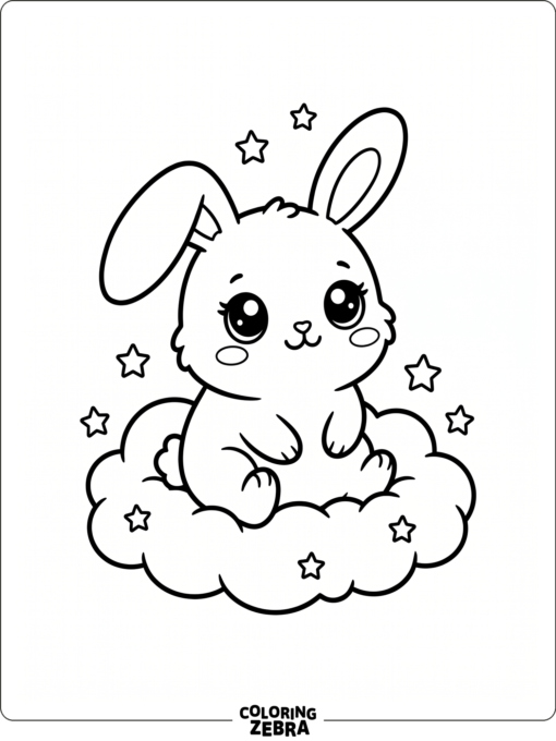 A kawaii bunny sitting on a cloud with stars