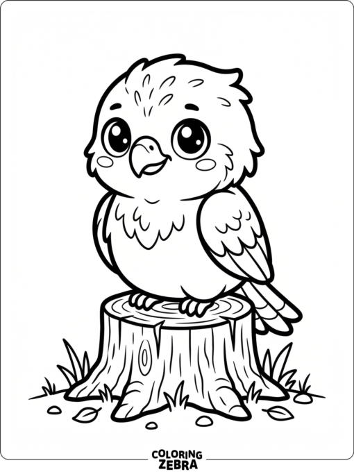 A cute hawk with big eyes sitting on a stump