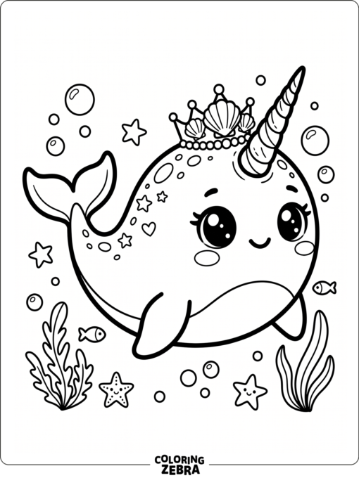 A kawaii narwhal with big eyes and shell crown
