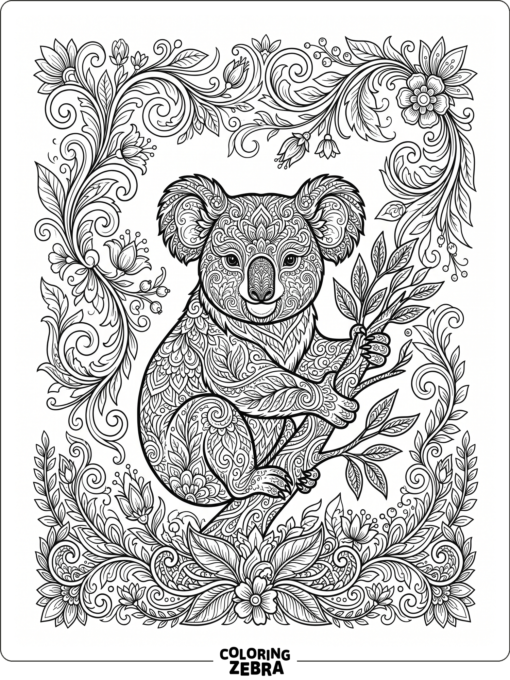 An ornate koala surrounded by floral swirls