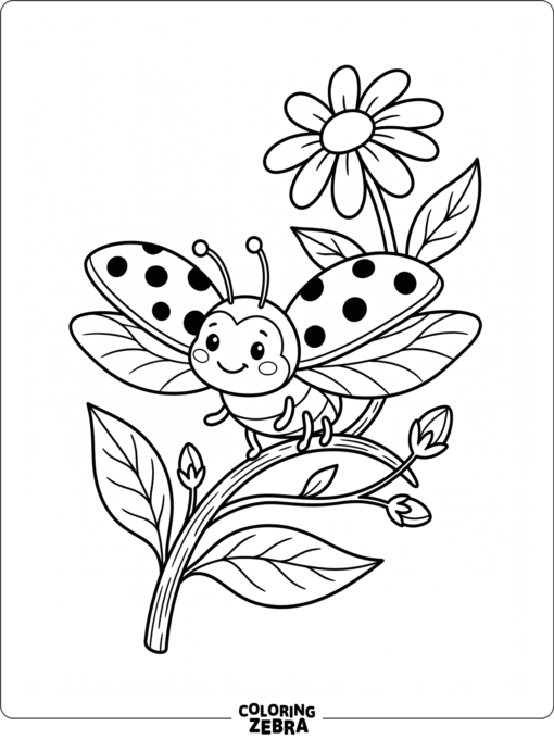 A cute ladybug with open wings on a flower stem