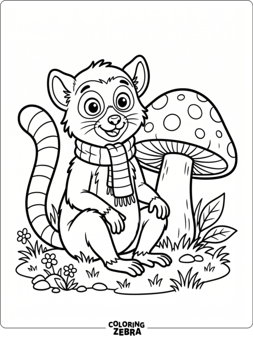 A smiling lemur with a scarf beside a mushroom