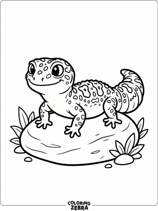 A cute leopard gecko sits on a smooth stone