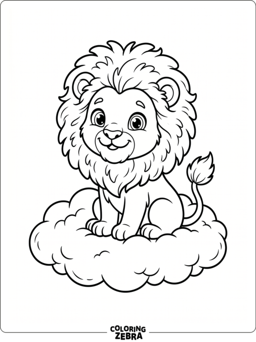 A cute lion with big eyes sits on a cloud