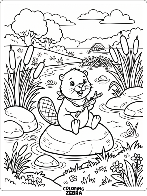 A beaver in a wetland with cattails and stones