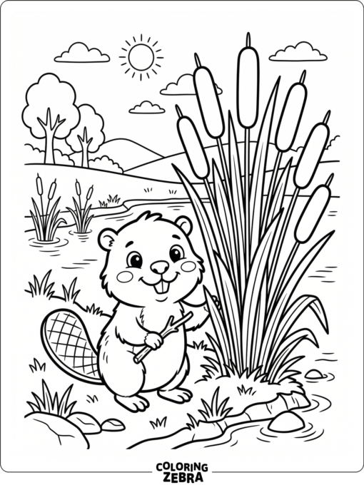 A beaver near cattails with space for printing