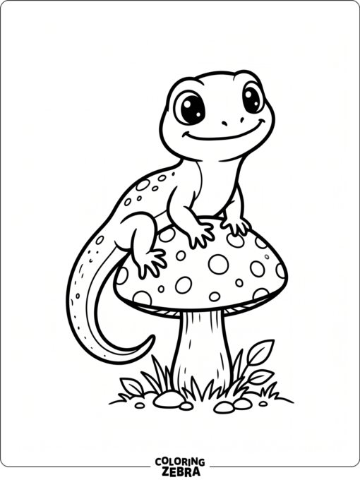 A lizard resting on a rock with a curled tail and a few leaves