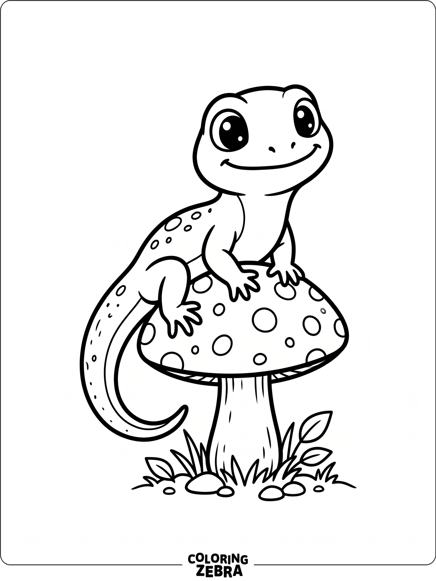 A cute lizard sitting on a mushroom with a friendly face