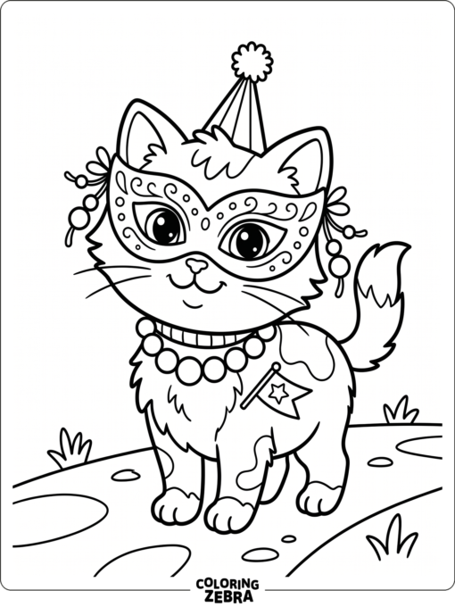 A cute kitten wearing a mask and beads