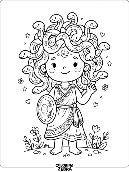 A cute Medusa with rounded snakes and a moon