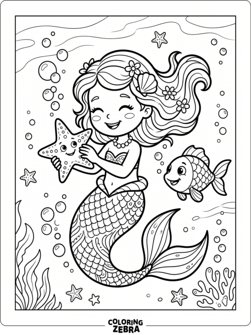 A cute mermaid holding a starfish beside a small fish