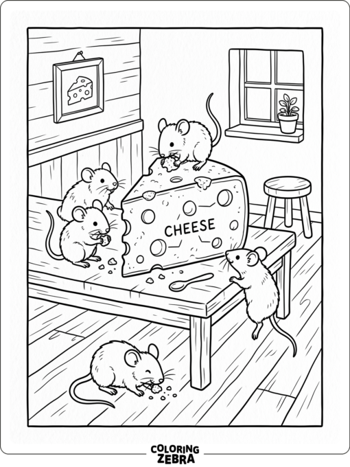 Several cute mice gathered around a piece of cheese