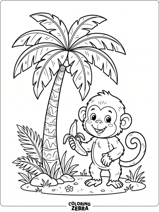 A cute monkey holding a banana near a palm tree