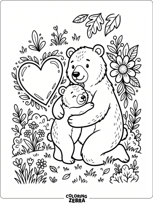 Cute mother bear hugging her cub beside a heart